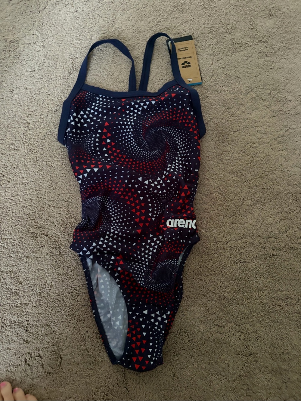 Brand new Arena size 24 Girls' Navy Red Triangle Swirl One-Piece Swimsuit